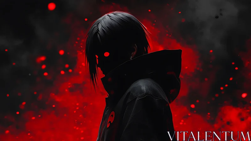 Shadowed wanderer wrapped in glowing red embers of night.