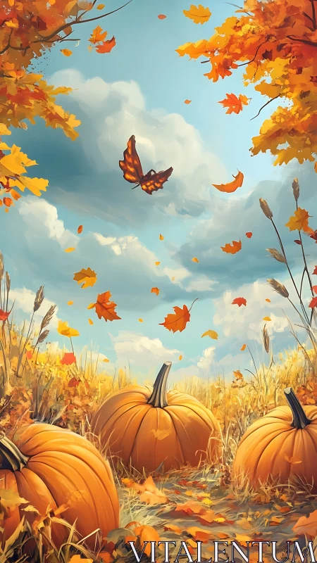 Autumn pumpkins rest beneath swirling leaves and bright sky.