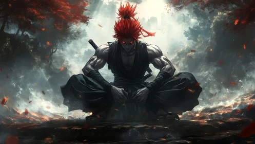 Red haired swordsman crouched in misty forest clearing.