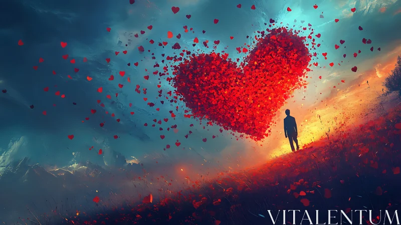 Solitary Figure Before Floating Red Hearts Against Dramatic Sky