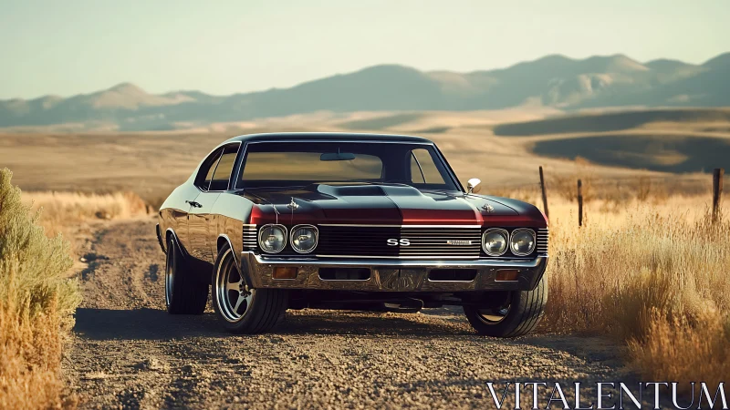 Classic black muscle car dominates sunlit desert track.