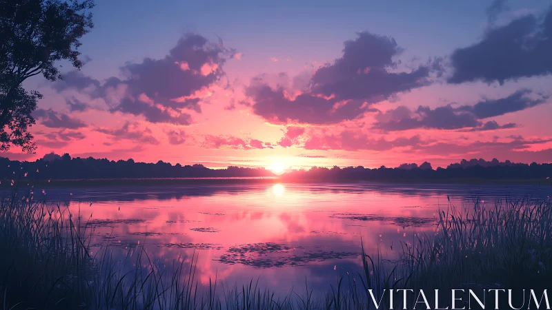 Spectral gradient sunset over lacustrine horizon, mirror-symmetry study.