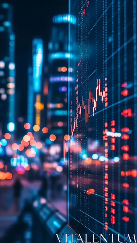 Neon city skyline reflects in digital stock trading chart.