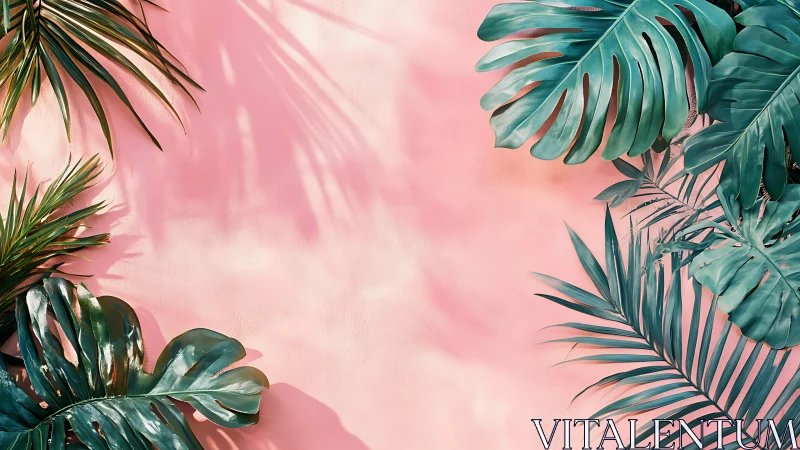 Tropical palm leaves against soft pink textured wall.