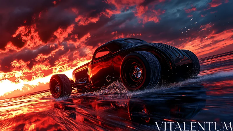 Retro hot rod accelerates across reflective wet surface at sunset
