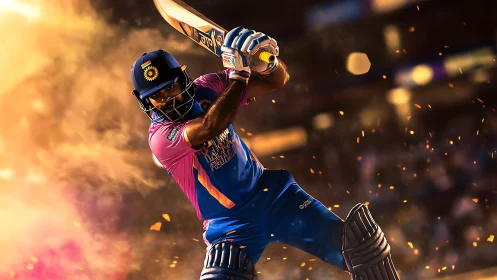 Cricket batsman swings aggressively under dramatic stadium lights