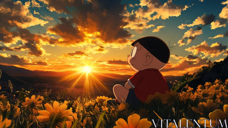 Child in red shirt watching radiant sunset over wildflowers.
