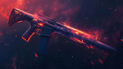 Rifle floats in dark space with glowing molten highlights