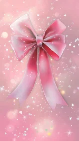 Satin pink gift bow with long tails on glitter bokeh field