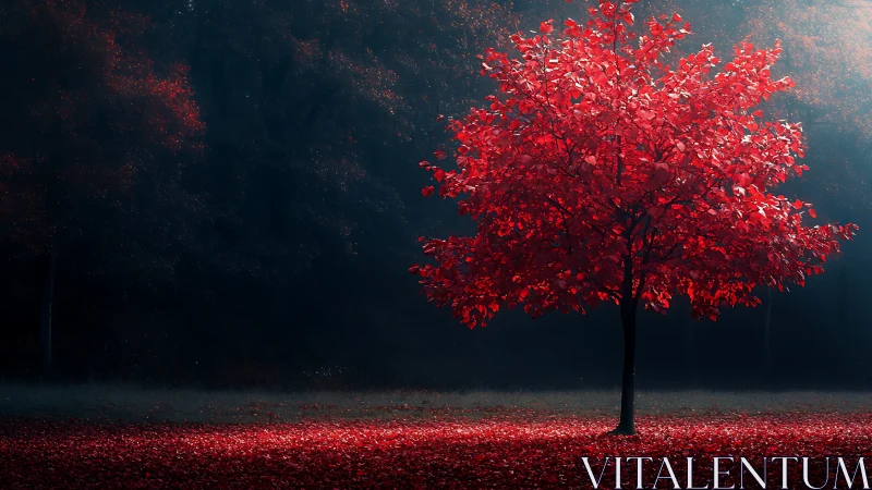 Solitary crimson tree blazing against a shadowed forest.