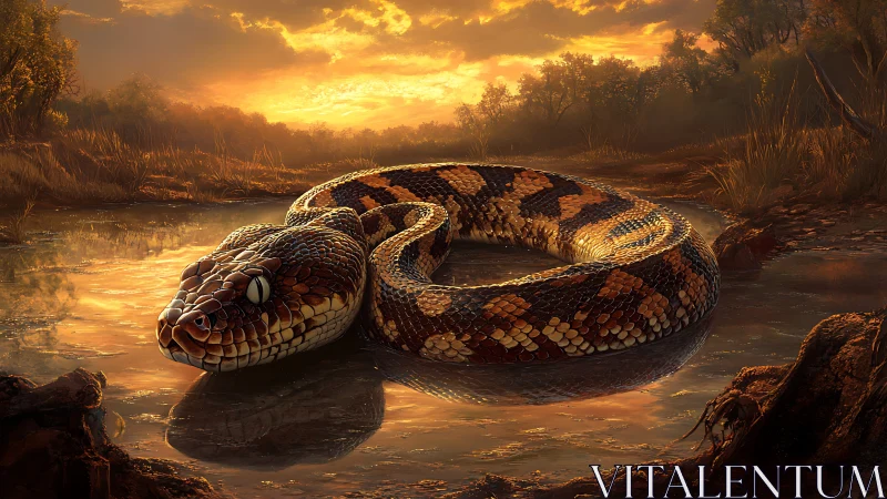Photorealistic coiled python in reflective sunset wetland scene.