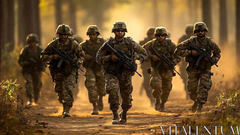 Combat unit advances through sunlit forest trail under fire