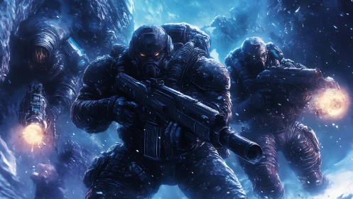 Armored soldiers advancing through frozen combat zone.