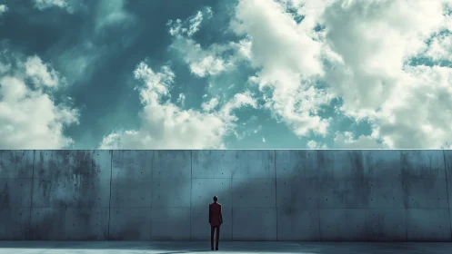 Solitary figure stands before high concrete wall under sky