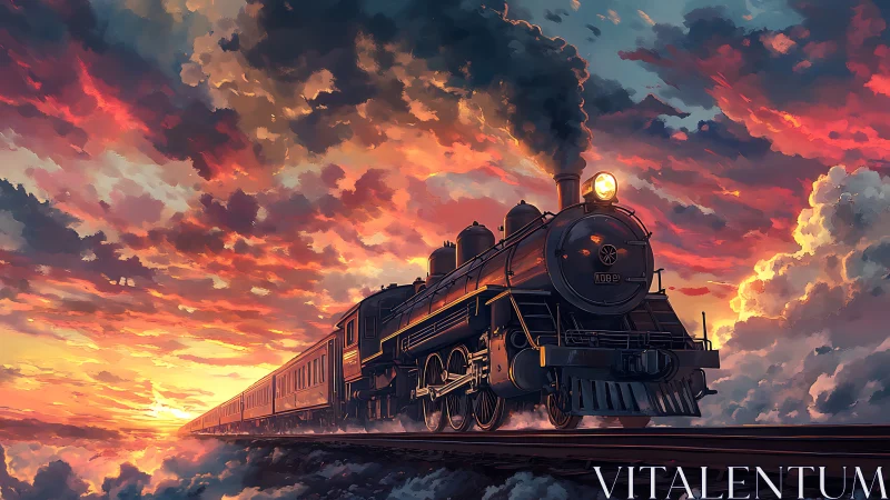 Steam locomotive stitches sunset skies into glowing rails