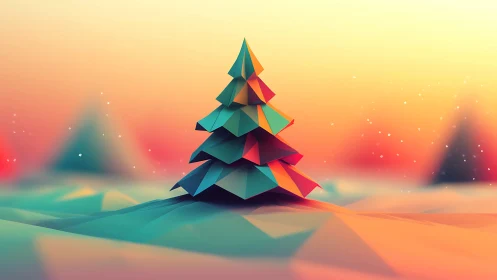 Geometric low poly tree stands centered in soft pastel snow