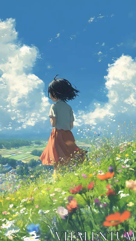 Anime hillside vista captures solitary figure in vivid bloom