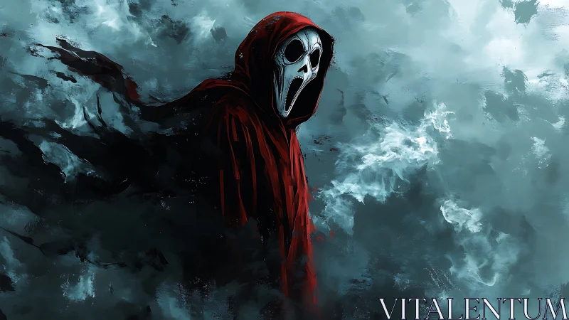 Hooded specter dissolves into painterly storm clouds and smoke