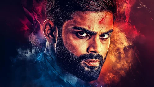 Smoldering gaze slices through nebula storms of color