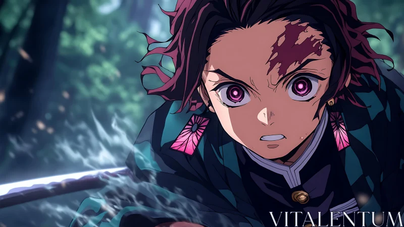 Anime swordsman with glowing eyes in forest setting.