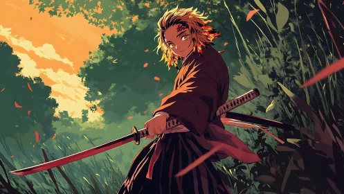 Flame haired swordsman pauses in a sunlit forest clearing