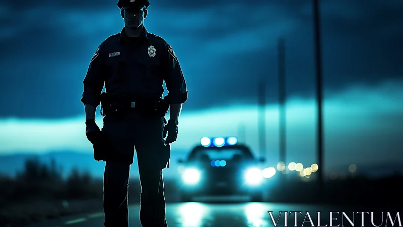 Police officer silhouettes against patrol car lights at night.