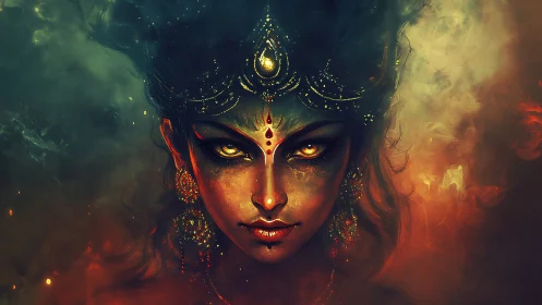 Fiery goddess portrait with glowing eyes in dense smoke.