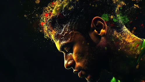 Digital painting portrait with explosive chromatic splatter effects.