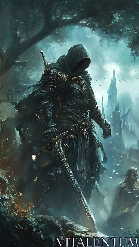 Hooded dark knight stalks a misty ruined citadel at dusk