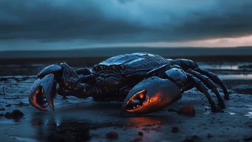 Cybernetic crab on tidal flats in cinematic dusk lighting.