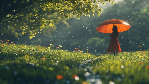 Girl holding red umbrella stands in bright green meadow