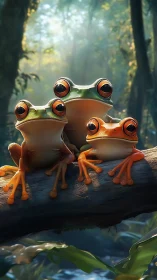 Tree frogs in lush rainforest, cinematic shallow focus study.