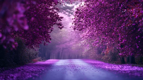 Dreamy violet forest lane under a soft evening glow.