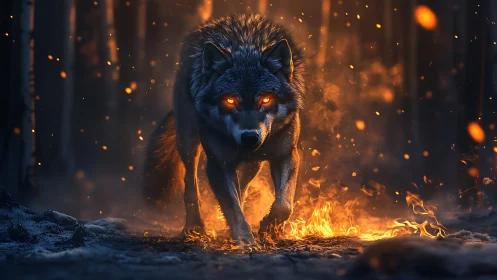 Embers illuminate a glowing-eyed wolf emerging through forest fire