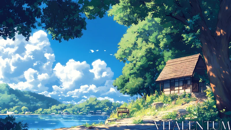 Sunlit lakeside cottage beneath towering summer trees.