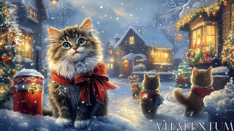 Festive Cats in a Snowy Holiday Village.