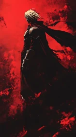 Solitary armored warrior silhouette contrasts against red atmospheric field