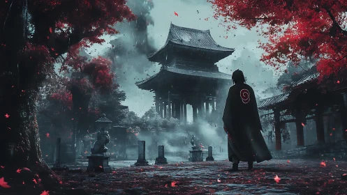 Cloaked wanderer in crimson temple courtyard under misted sky.