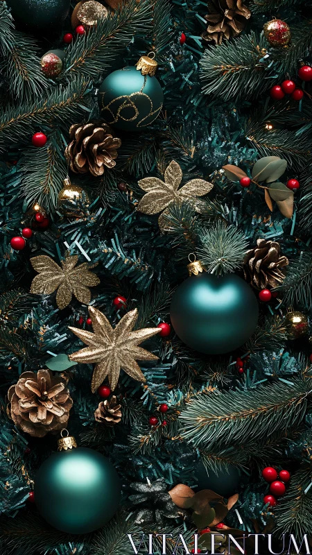 Emerald baubles and golden pine dreams on midnight fir boughs.