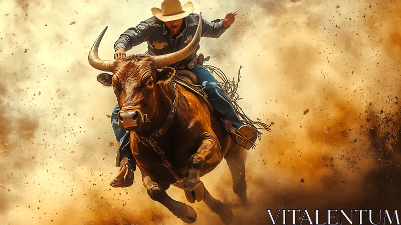 Rodeo bull rider suspended amid airborne dust cloud.