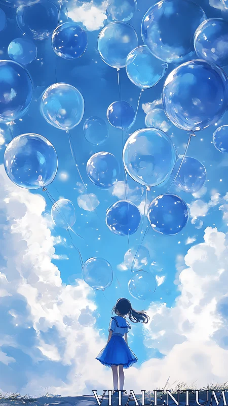 Girl in blue watching daydream balloons drift skyward.