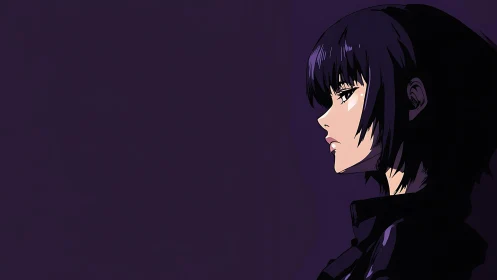 Side-lit anime heroine in stark purple negative space profile.