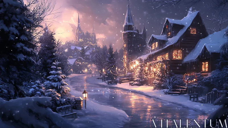 Snow-laden village street reflects warm volumetric window lighting