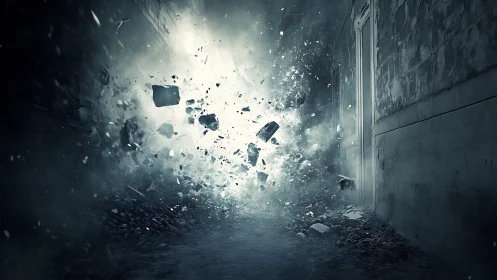 Urban corridor blast with dynamic debris and volumetric light.