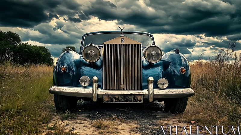 Vintage luxury car faces stormy sky on narrow rural path