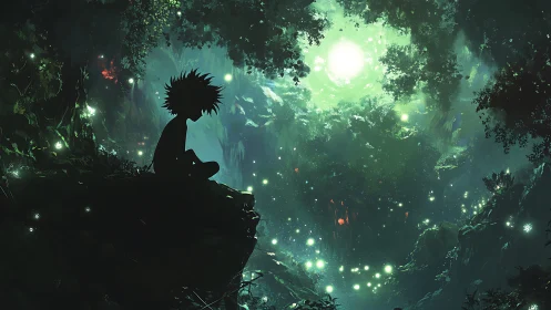Silhouetted child observing bioluminescent forest canopy glow.
