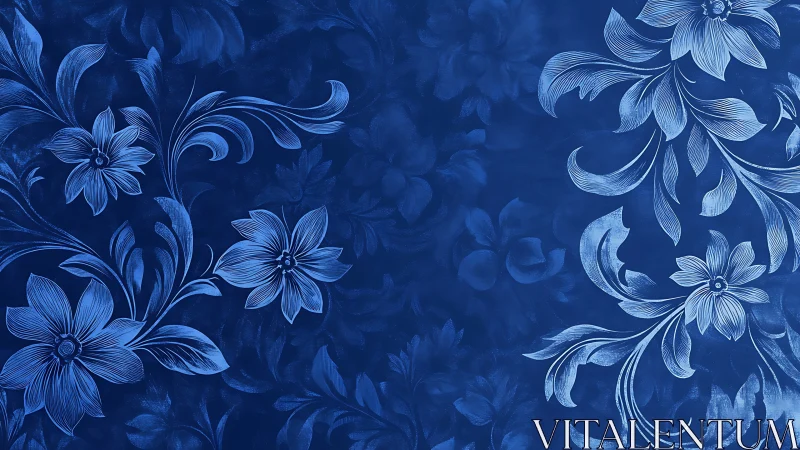Blue monochrome floral illustration arranges stylized blossoms