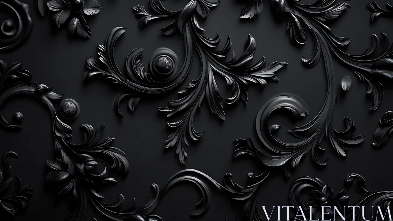 Baroque black floral scrolls create a luxurious dark surface