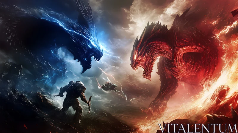 Colossal elemental dragons clash over armored warriors in storm