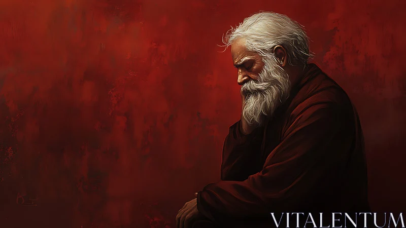 Elderly sage in crimson solitude against textured red field.